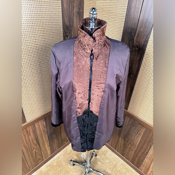 BEAUTIFUL MULTICOLOR BLACK & BROWN PERSIAN LAMB KARAKUL FUR COAT JACKET X-LARGE - Picture 7 of 10